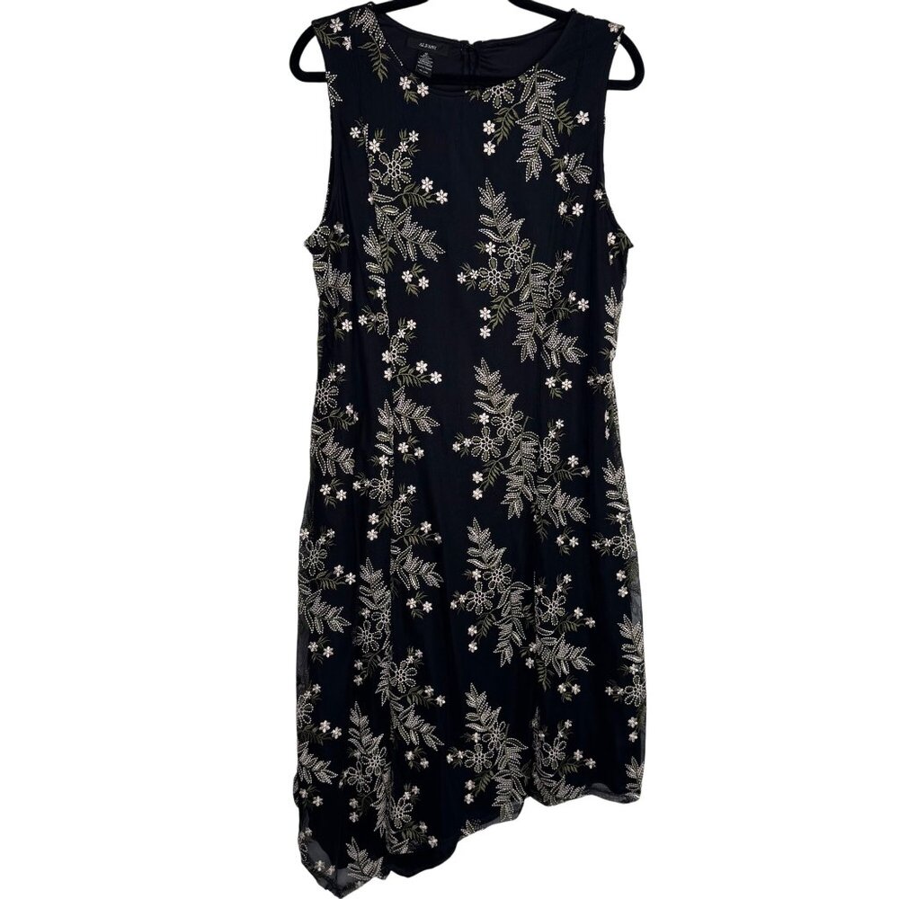 VTG 90s Alfani Black White Floral Design Asymmetric‎ Hem Dress Whimsigoth Sz16
